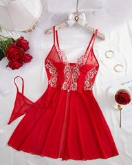 Sexy semi-transparent mesh front buttoned nightgown with lace lace sexy suspender dress