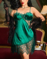 Plus Size Faux Silk Camisole Nightgown with Contrast Floral Lace