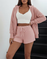 Women’s 3-Piece Plush Loungewear Set – Long Sleeve Top, Shorts & Pants