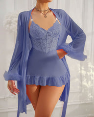 Lace Cami Nightgown & Floral Lace Trim Wide Sleeve Sheer Robe