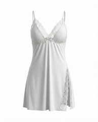 Sexy Milk Silk Lace Babydoll Nightdress with Side Slit