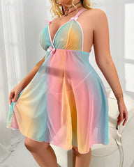 Plus Size Lace & Rainbow Sheer Mesh Nightdress Set with Thong