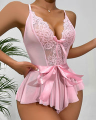 Women’s Sexy Contrast Lace Belted Teddy Bodysuit – Party Lingerie Nightwear