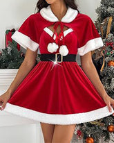 Sexy Christmas Red Dress with Low Neckline & Plush Cape for Holiday Parties