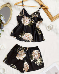 Sexy V-Neck Satin Cami & Shorts Pajama Set with Elegant Floral Print