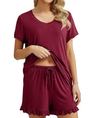 Women’s Casual Short Sleeve Pajama Set with Drawstring Shorts