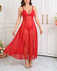 Sexy Sheer Backless Long Nightdress Set with Side Slit & Panty