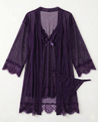 Sexy 3-Piece Lingerie Set for Women – Mesh Kimono Robe & Lace Babydoll Dress