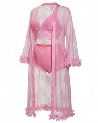 Sexy French-Style Sheer Lace Lingerie Set – Camisole, Shorts & Robe