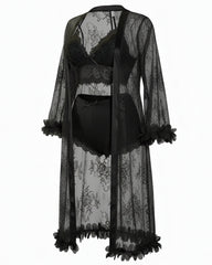 Sexy French-Style Sheer Lace Lingerie Set – Camisole, Shorts & Robe