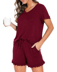 Women’s Casual Short Sleeve Pajama Set with Drawstring Shorts