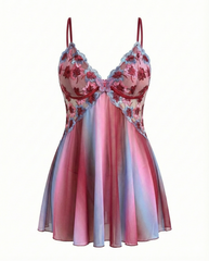 Plus Size Rainbow Ombre Camisole Nightgown – Backless & Floral Mesh Design
