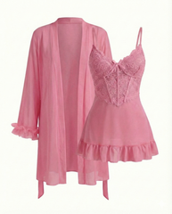 Lace Cami Nightgown & Floral Lace Trim Wide Sleeve Sheer Robe