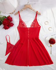 Sexy semi-transparent mesh front buttoned nightgown with lace lace sexy suspender dress