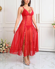 Sexy Sheer Backless Long Nightdress Set with Side Slit & Panty