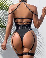 Women’s Gothic Strappy Mesh Lingerie Set with Choker & Garter Belts – Sexy Babydoll Bodysuit