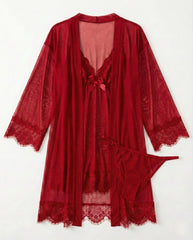 Sexy 3-Piece Lingerie Set for Women – Mesh Kimono Robe & Lace Babydoll Dress