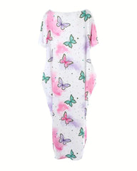Casual Printed Maxi Dress with Short Sleeves, Crew Neck & Pockets