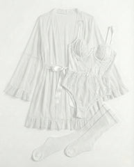 5-Piece Sexy Lingerie Set– Cut-Out Bodysuit + Robe + Belt + 2 Socks