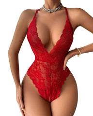 Valentine’s Day Sexy Lace Bodysuit with Heart Rhinestone & Criss-Cross Back