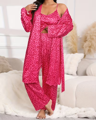 Leopard Print Comfy 3-Piece Pajama Set – Robe, Camisole & Long Pants