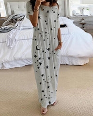 Casual Printed Maxi Dress with Short Sleeves, Crew Neck & Pockets