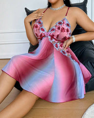 Plus Size Rainbow Ombre Camisole Nightgown – Backless & Floral Mesh Design