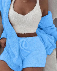 Women’s 3-Piece Plush Loungewear Set – Long Sleeve Top, Shorts & Pants