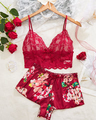 Classic Sexy Floral Lace Bralette with Satin Shorts