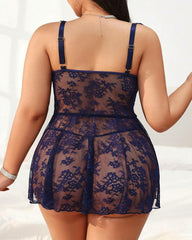 Sexy Plus Size Lace Sheer Cami Slip Dress with Thong Set