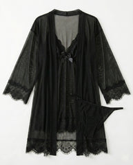 Sexy 3-Piece Lingerie Set for Women – Mesh Kimono Robe & Lace Babydoll Dress