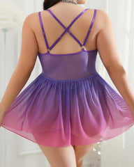 Plus Size Purple Lace Slit Nightdress Set with Matching Thong