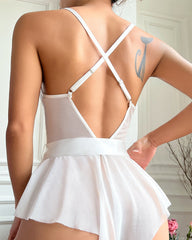 Women’s Sexy Contrast Lace Belted Teddy Bodysuit – Party Lingerie Nightwear