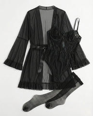 5-Piece Sexy Lingerie Set– Cut-Out Bodysuit + Robe + Belt + 2 Socks