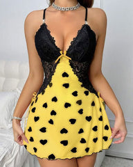 Sexy Sheer Mesh Babydoll Lingerie with Black Lace Trim Heart Print and Side Tie