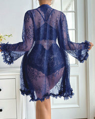 Sexy French-Style Sheer Lace Lingerie Set – Camisole, Shorts & Robe