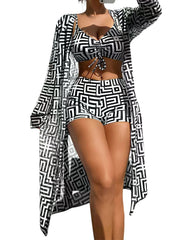 Women’s 3-Piece Swimsuit Set – Gathered Bikini Top, High-Waist Bottom & Beach Cover-Up