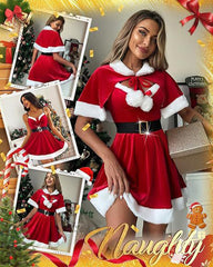Sexy Christmas Red Dress with Low Neckline & Plush Cape for Holiday Parties