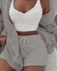 Women’s 3-Piece Sherpa Fleece Loungewear Set – Long Sleeve Top, Shorts & Pants