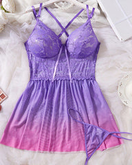 Plus Size Purple Lace Slit Nightdress Set with Matching Thong
