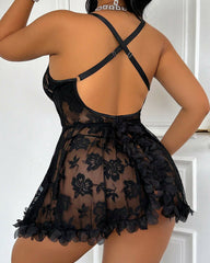 Plus Size Sexy Lace Backless Cami Dress with G-String Panty Set