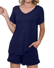 Women’s Casual Short Sleeve Pajama Set with Drawstring Shorts