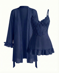 Lace Cami Nightgown & Floral Lace Trim Wide Sleeve Sheer Robe