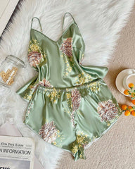 Sexy V-Neck Satin Cami & Shorts Pajama Set with Elegant Floral Print