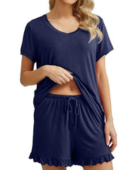 Women’s Casual Short Sleeve Pajama Set with Drawstring Shorts