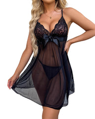 Women’s Lace Babydoll Lingerie Set – Halter V-Neck Chemise Nightgown with Pants