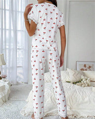 Women’s Cherry Print Loungewear Set with Lace Trim