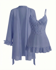 Lace Cami Nightgown & Floral Lace Trim Wide Sleeve Sheer Robe