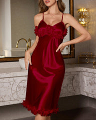 Sexy Satin Lace Trim Long Slip Nightgown with Open Back