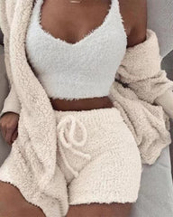 Women’s 3-Piece Sherpa Fleece Loungewear Set – Long Sleeve Top, Shorts & Pants